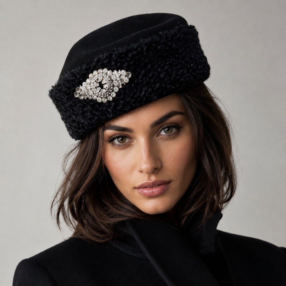 Vintage Black Pillbox Hat Rhinestone Brooch Faux Persian Lamb Trim Mid Century